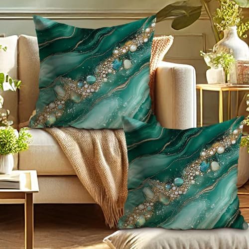 Elegant Pillow Covers Set of 2, Emerald Green Geode Abstract Throw