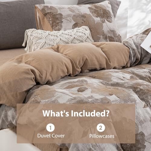 Brown Floral 100% Cotton Duvet Cover Queen Size, Soft Breathable