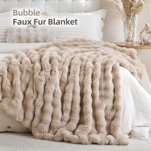 Smoofy Faux Rabbit Fur Throw for Couch - Linen Bubble Blanket 60"x80"