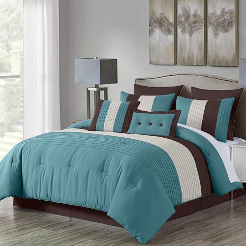 Loft 8-Piece Striped Comforter Set King, Blue/Beige/Chocolate Brown