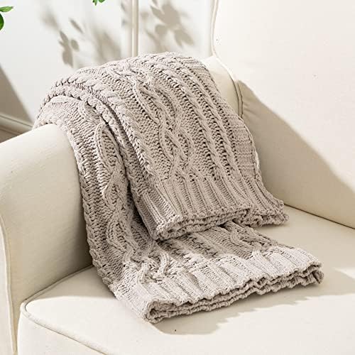 Battilo Light Grey Throw Blanket for Couch, Woven Chenille Knit Throw