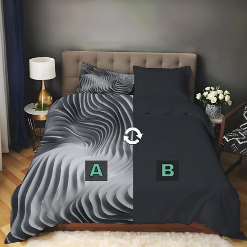 grey Abstract fluid 3D relief Duvet Cover Set Queen Size 90 x 90 in