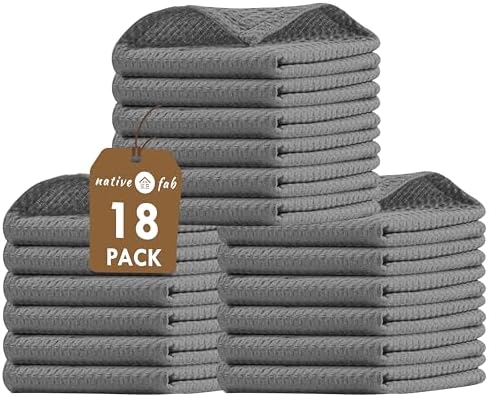 Native Fab Waffle 18 Pack Dish Cloths Set - 100% Cotton, Absorbent
