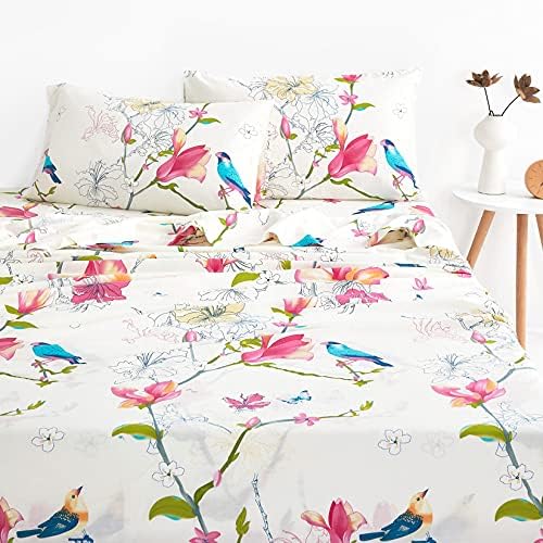 Wake In Cloud - Floral Bed Sheets, 100% Cotton, 4-Piece Sheet Set