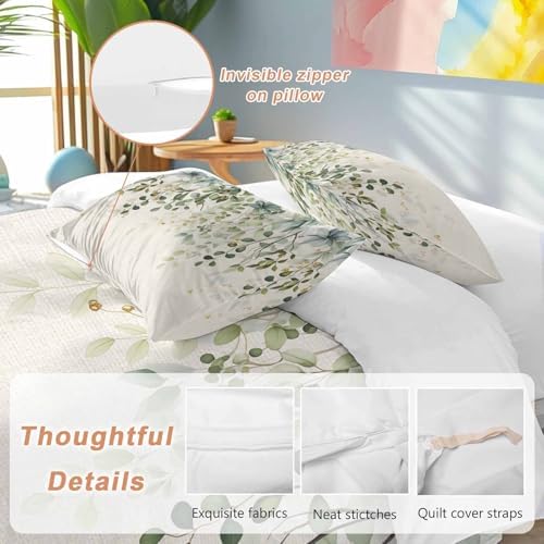 Sage Green Bedding 3 Piece Duvet Cover Set Queen Size, Eucalyptus