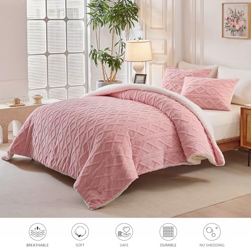Joyreap 3-Piece Fluffy Faux Fur Sherpa Comforter Set Pink, Queen Size