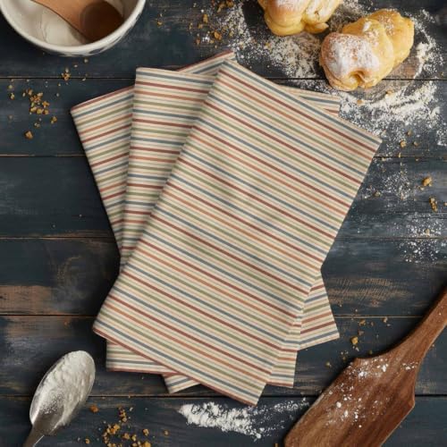 Vintage Beige Stripes Kitchen Towels Set of 3, Water Absorbent Dish
