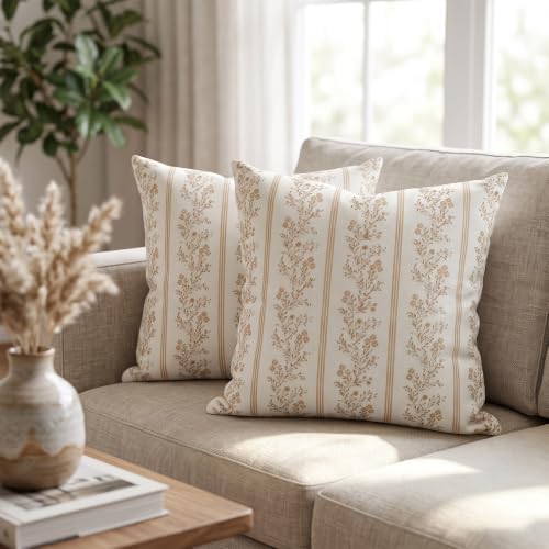 Botanical Floral Throw Pillow Covers 20x20in Set of 2, Light Khaki