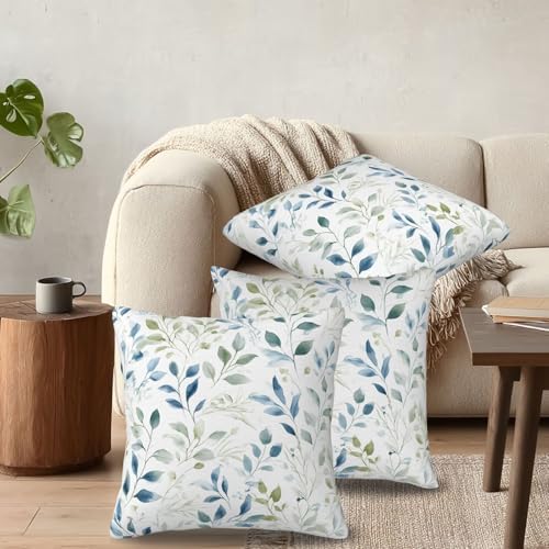 KiuLoam Blue Sage Green Watercolor Leaves Pillow Covers 22x22 Inch Set