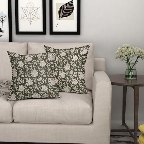 Olive Green Floral Pillow Covers 20x20 Set of 2 Cream Vintage Flower