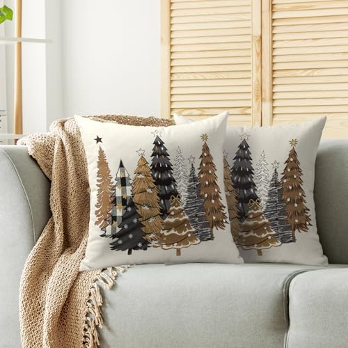 Christmas Pillow Covers 22x22 Inch Set of 2 Black Brown Xmas Tree