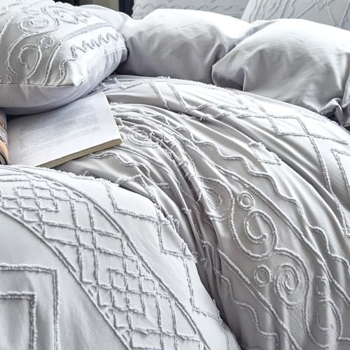 Boho Duvet Cover Queen Size Grey Geometric Tufted 3 Pieces Set