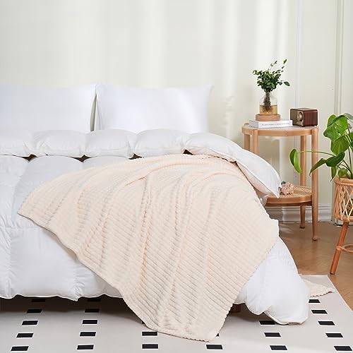 Puncuntex Fleece Throw Blanket Cream White 50"×70" with Square Grid