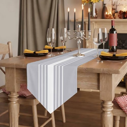 Light Grey Striped Table Runner Linen Burlap Table Runner 72 Inches