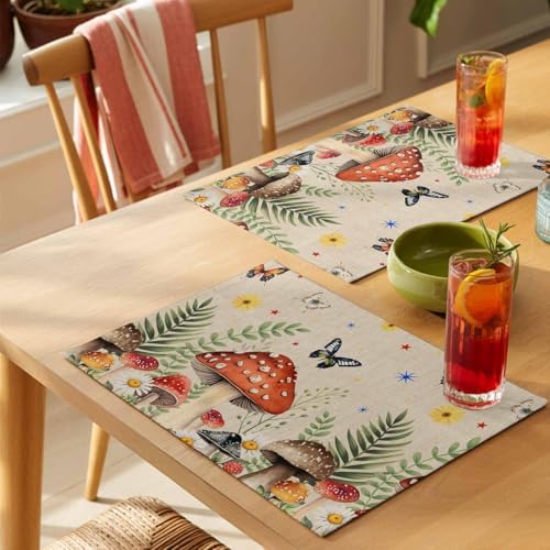 Placemats Set of 8, Spring Mushrooms Woven Placemat, Linen Place Mats