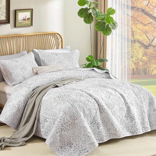 WONGS BEDDING Floral Quilt Set King, 3 Pcs White Grey Bedspread