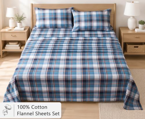 RUVANTI 100% Cotton Flannel Sheets King Size, 4 PCs Bed Sheets