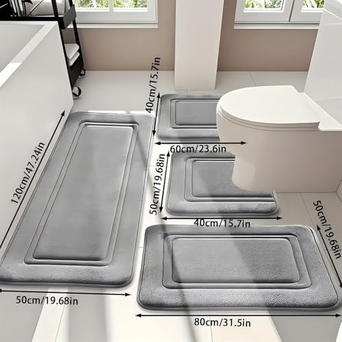 Bathroom Rug Set 4 Pieces, Soft Absorbent Bath Runner and U-Shaped