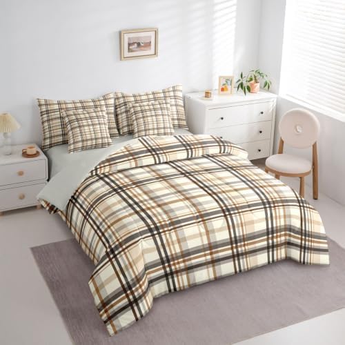 Castle Fairy Neutral Plaid 7pcs Comforter Set Twin Size,Earthy Cream