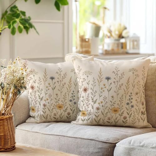 Cream Ivory Wildflower Throw Pillow Covers 18x18 Set of 2, Meadow