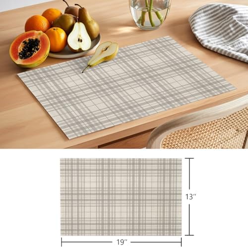 Round Placemats Set of 12 Industrial Checked Place Mats Neutral Gray