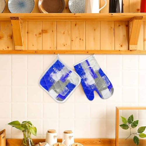 Quilted Cotton Terry Cloth Oven Mitt, Pot Holder Blue Grey Abstract