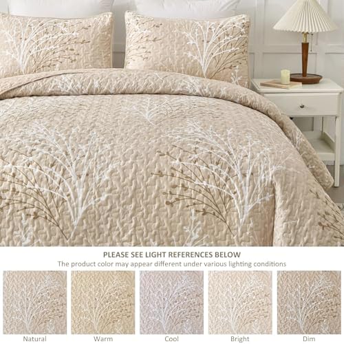 DJY Beige Quilt Set King Size - Branch Botanical Bedspread Coverlet