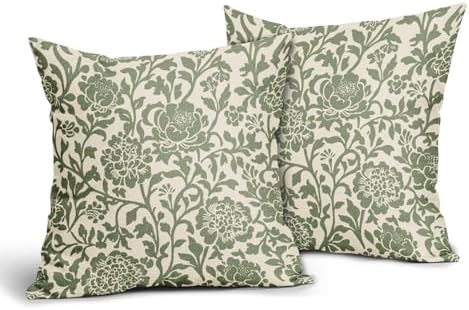 Sage Green Floral Pillow Covers 22x22 Inch Set of 2 Vintage Block