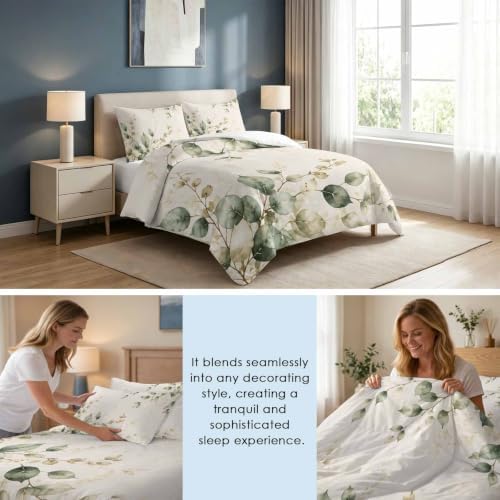 Sage Green Leaf Queen Duvet Cover Set, Botanical Watercolor Eucalyptus