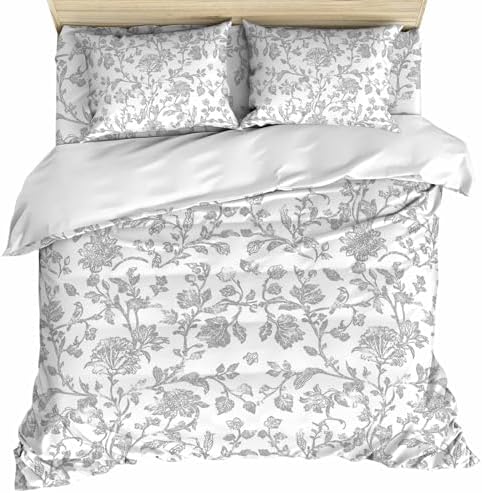 Boho Gray Flower Duvet Cover Set, Vintage Farmhouse Leaf Spring Plant