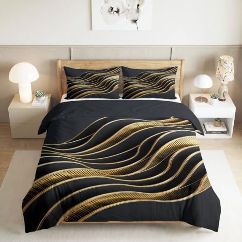 King Duvet Cover Set Soft Microfiber Abstract Golden Lines