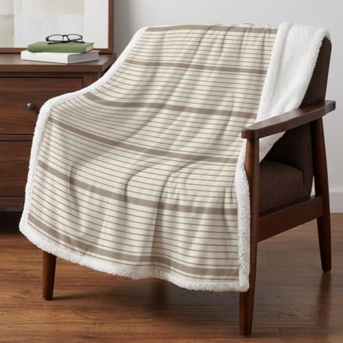 Horizontal Stripe Sherpa Fleece Throw Blanket Modern Minimalist Brown