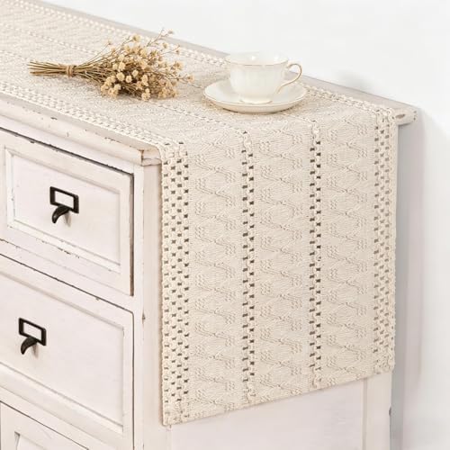 Ivory Boho Table Runner Farmhouse Macrame Woven Table Runner 12x36