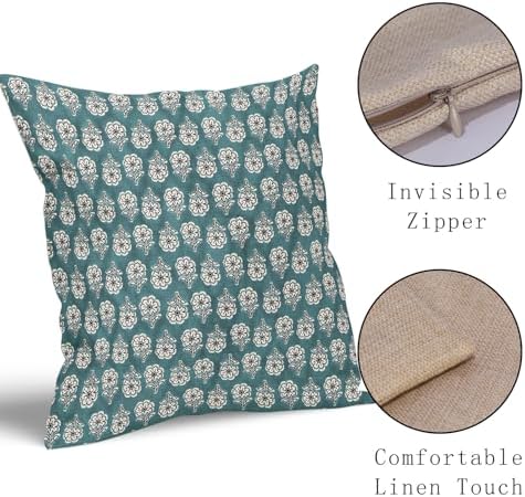 Floral Pillow Covers 20x20 Inch Set of 2 Teal Flowers Block Print
