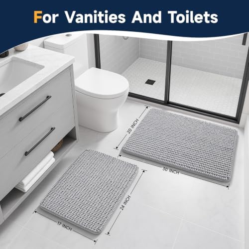 Ophanie Bathroom Rugs Sets 2 Piece,Grey Soft Chenille Bath Mat,Non