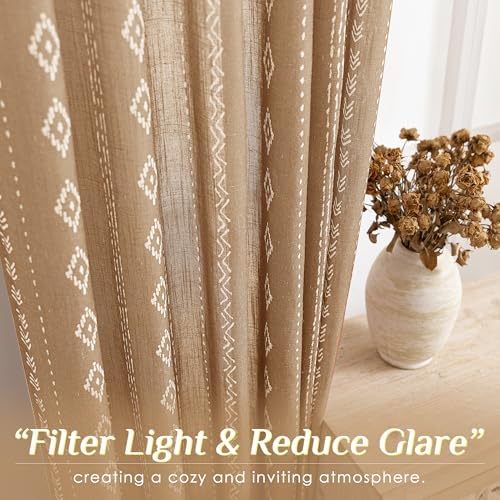 Light Brown Boho Linen Curtains 120 Inch Length 2 Panel Set with