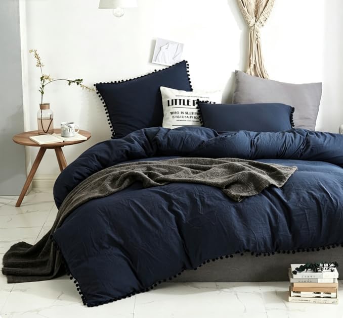 Solid Pom Pom Duvet Cover Set 3 Piece Bedding Quilt with Pillowcases