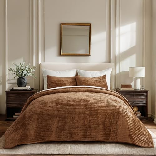 EverGrace Stripe Channel Luxury Velvet Quilt Set King Size, Dark Brown
