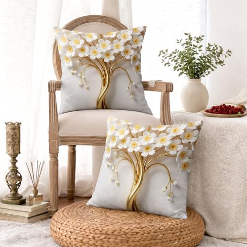 Flowers Throw Pillow Covers Set of 2, Elegant Modern Gold Branches