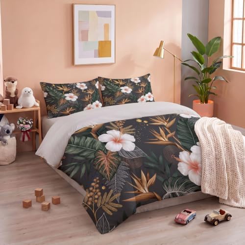 Duvet Cover Set King Grey Tropical Flowers Bedding