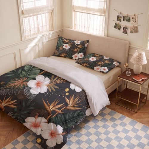 Duvet Cover Set King Grey Tropical Flowers Bedding