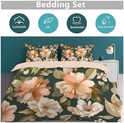3 Pieces Plants and Flowers Duvet Cover Duvet Cover with Zipper and 2