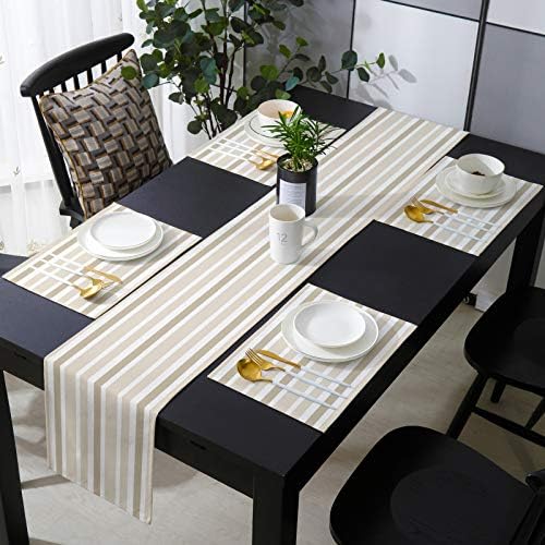Teamery Table Runner for Kitchen Decor, Beige White and Brown Stripes