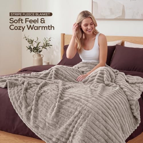 Utopia Bedding Fluffy Striped Fleece Blanket Linen King, 90x102 Inches