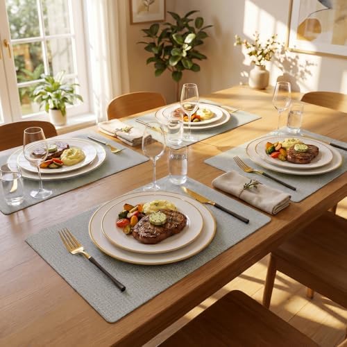 Romanstile Faux Leather Vinyl Placemats Set of 6, Light Grey