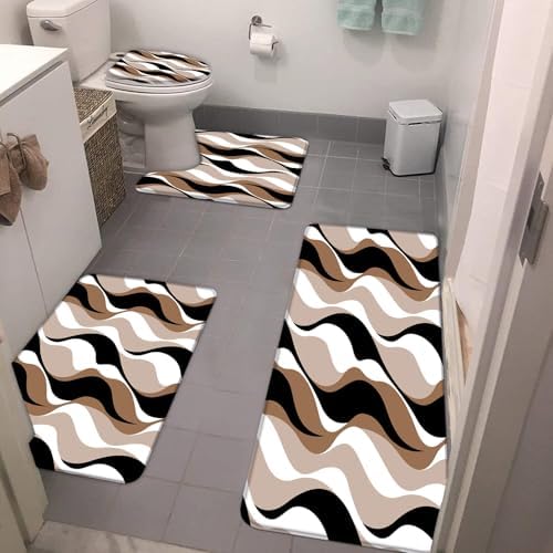 4Pcs Brown Abstract Stripes Bath Mat Set Boho Geometric Neutral Modern