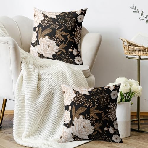 Vintage Peony Black Floral Plant Pillow Covers 20X20 Inch Set of 2