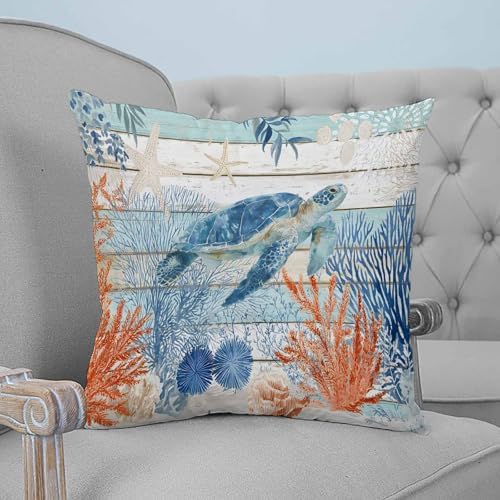Sea Turtle Coastal Pillow Covers 24x24 Set of 2, Summer Beach Coral