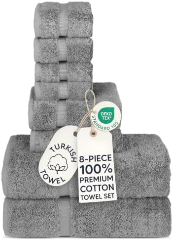 Chakir Turkish Linens 100% Cotton 8-Piece Towel Set, Gray