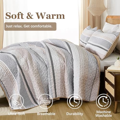 Dintszyayue Quilt King Size Khaki Grey, 3 Pcs Boho Striped Bedspread